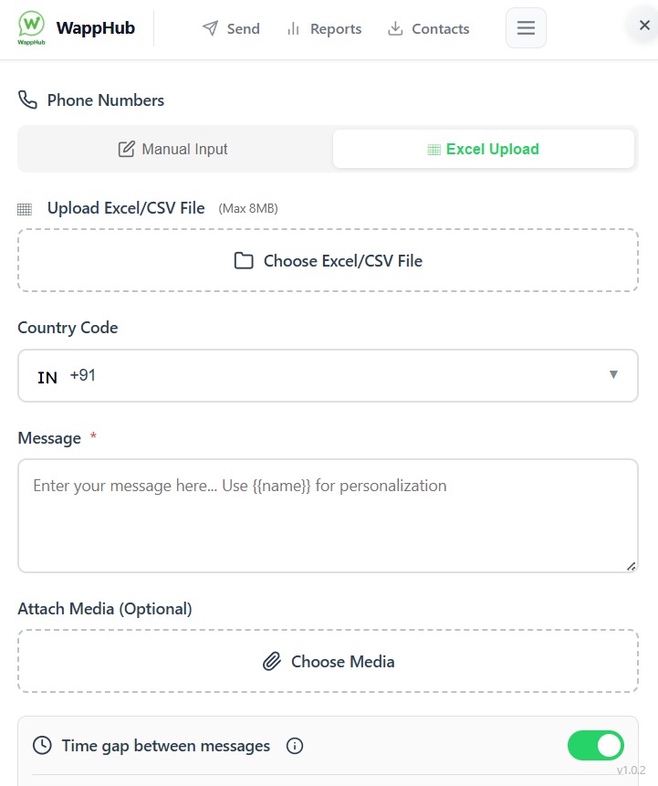 Bulk Sender inside WhatsApp Web: phone numbers from an Excel upload, a personalized message, media and a time gap between messages