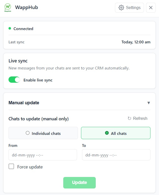 Sync Chat inside WhatsApp Web: connected status, live sync switched on, and a manual update for chosen chats and dates